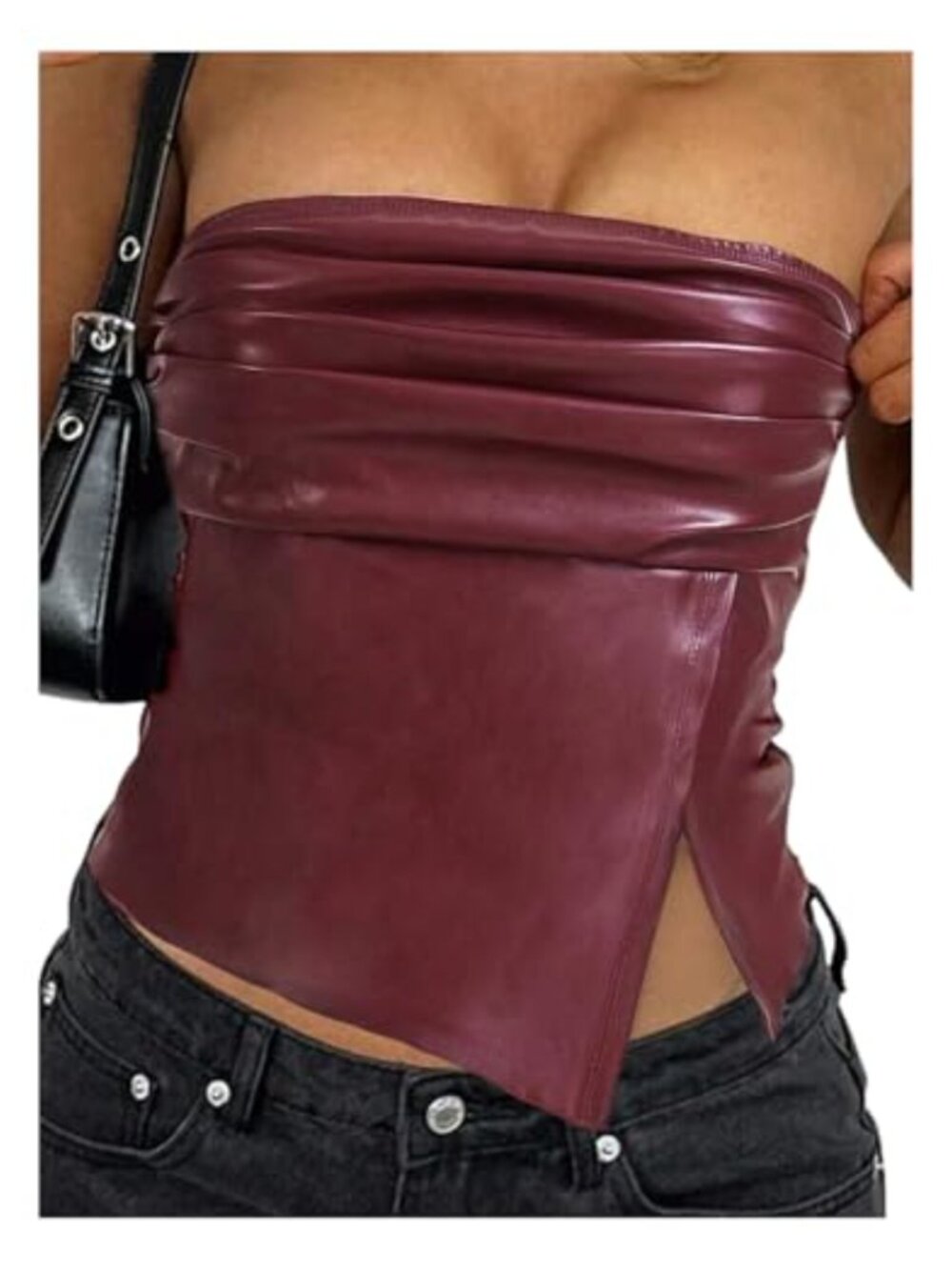 Faux Leather Strapless Ruched Crop Tube Top Sleeveless Party